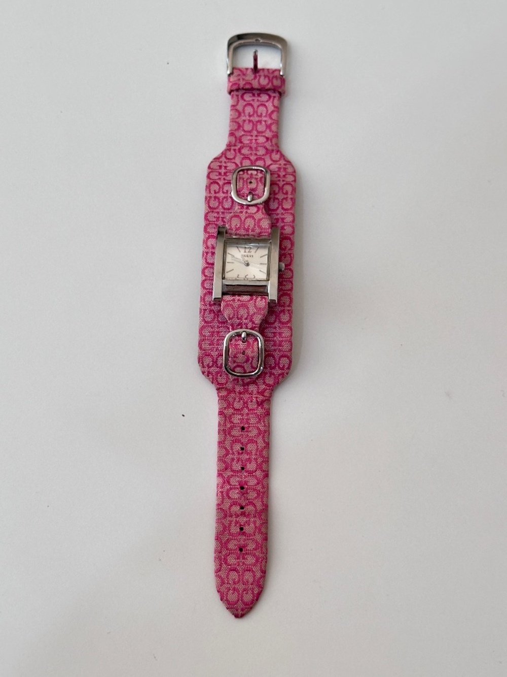 Vintage Guess Silver Tone Pink Watch Dial Logo Fabric & Leather Band Working Y2K